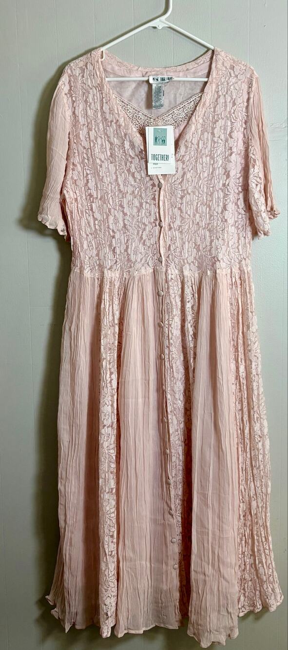 Together! 16 Vintage Pink Crinkle Lace Overlay Maxi Short Sleeve Dress BNWT